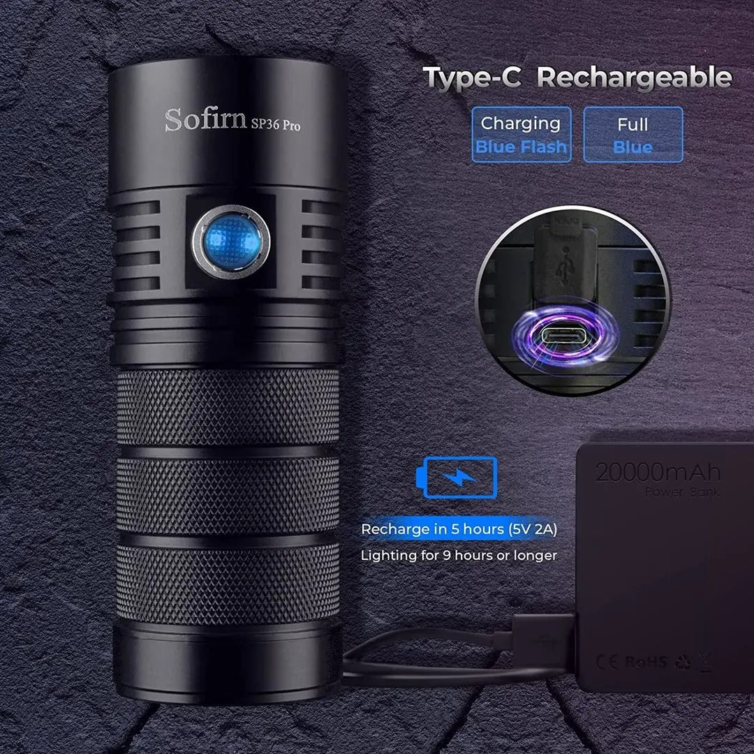 Sofirn SP36 Pro 8000lm Powerful LED Flashlight 4*SST40 USB C Rechargeable 18650 Torch