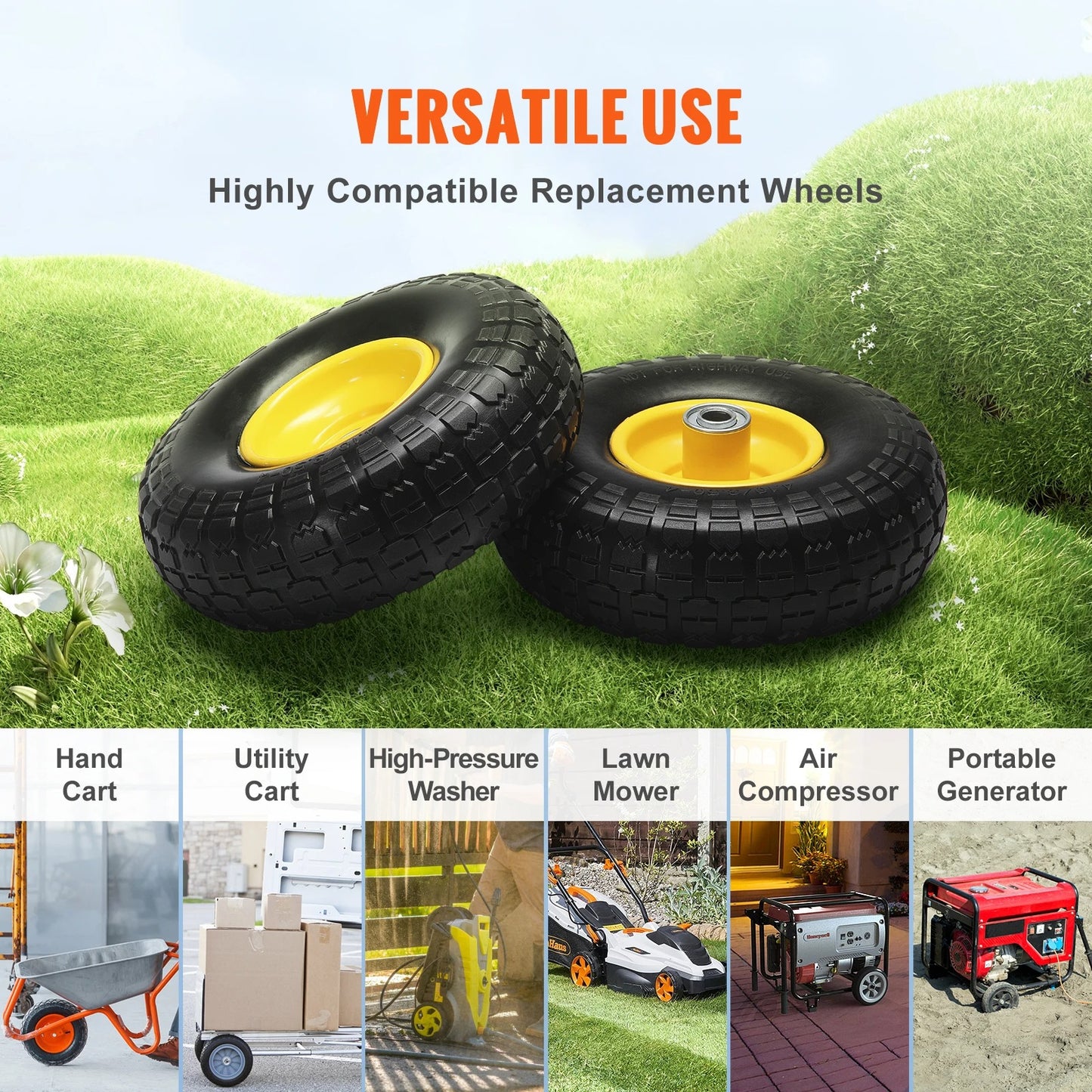 SucceBuy Lot de 2 roues et roues plates en PU massif, 10 pouces, sans chambre à air, pour dollies, remorques de jardin, divers chariots